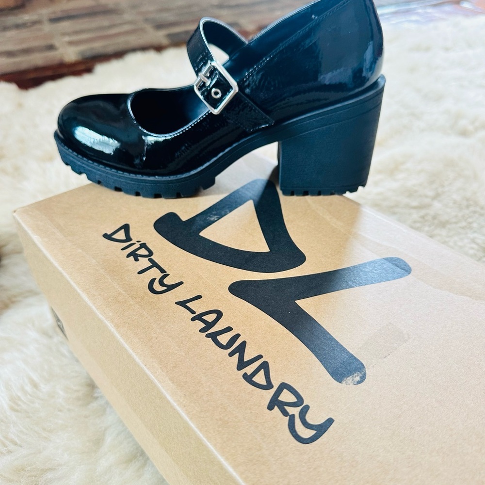 Glossy Black Chunky Heel Mary Janes with silver Strap